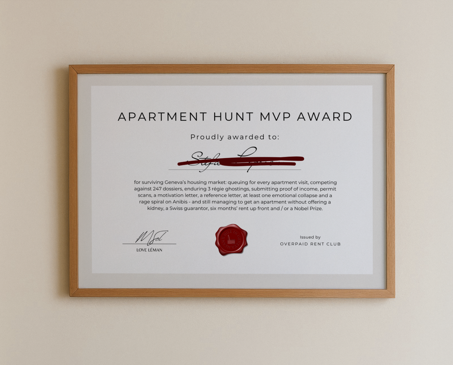Régie MVP Geneva Award - Custom